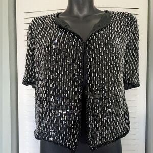 Beaded Silk Sequin Rhinestones Jacket Cropped Black Silver M Triple Front Clasp